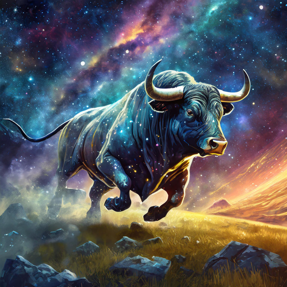 large bull charging across a field with a cosmic background