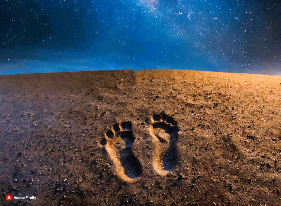 two footprints in loose brown soil with a starry sky above