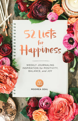 Flowery book cover of '52 lists for happiness' by Moorea Seal