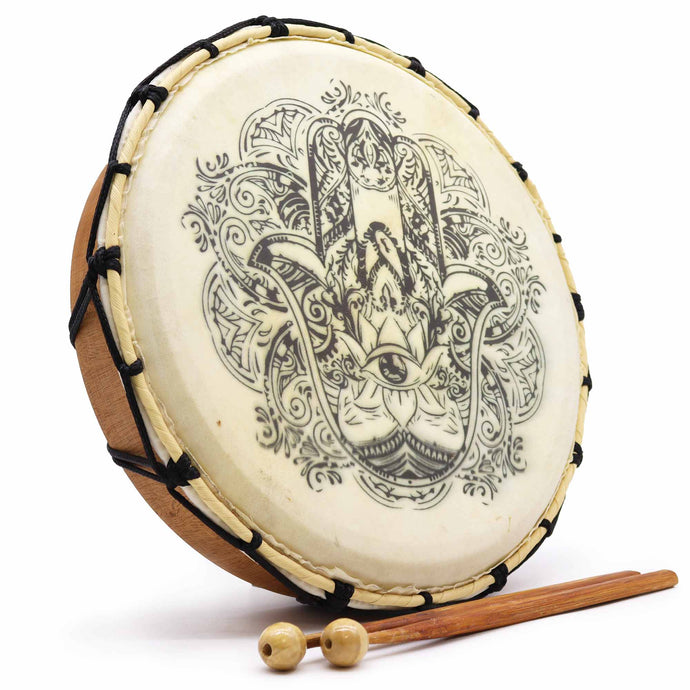 Shamanic Drum with Two Sticks Hamsa Decoration - 30cm Diameter