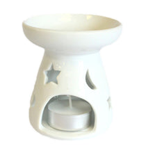 Load image into Gallery viewer, white ceramic oil burner with tea light moon and stars design
