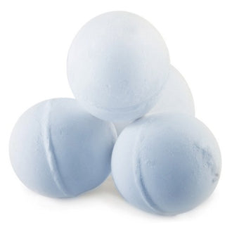 four pale blue bath bombs on a white background