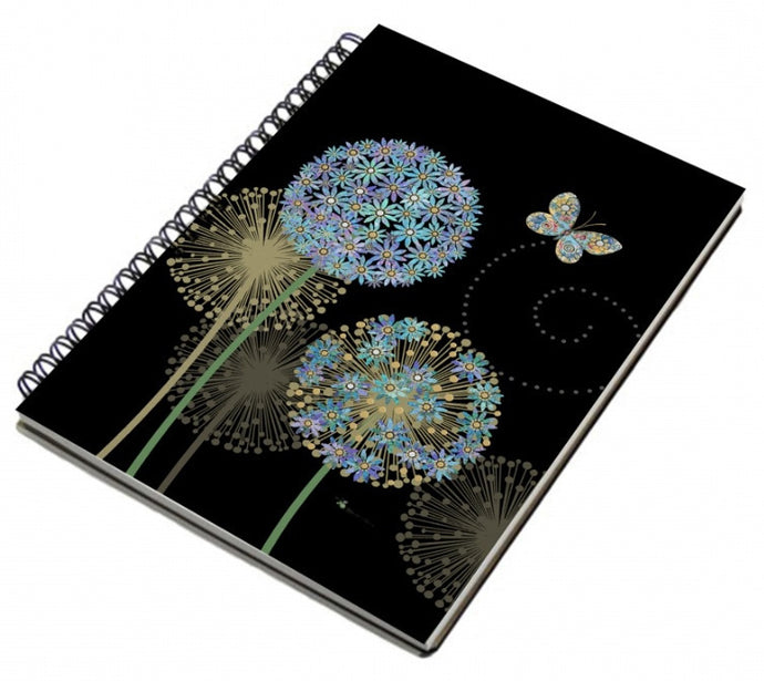 Black background with flowers and butterfly design notebook cover