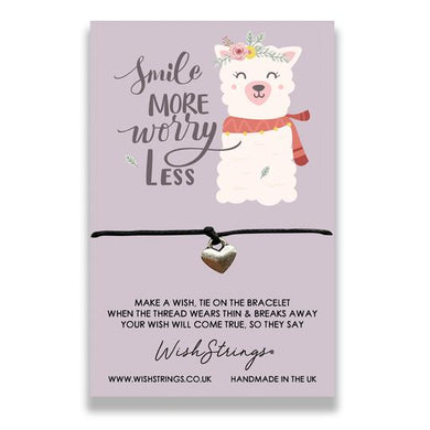 purple card with wish strings bracelet message is smile more worry less.