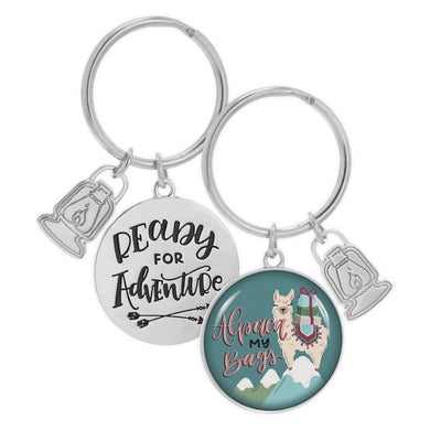 Two key rings on a white background with a picture of an Alpaca