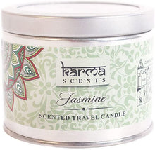 Load image into Gallery viewer, Jasmine scented candle in a tin mandala design made by Karma scents.
