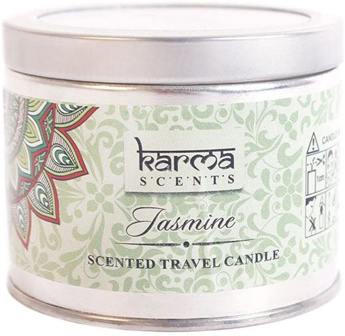 Jasmine scented candle in a tin mandala design made by Karma scents.