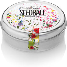 Load image into Gallery viewer, Round Tin decorated with flowers on a white background SEEDBALL wildflower seeds
